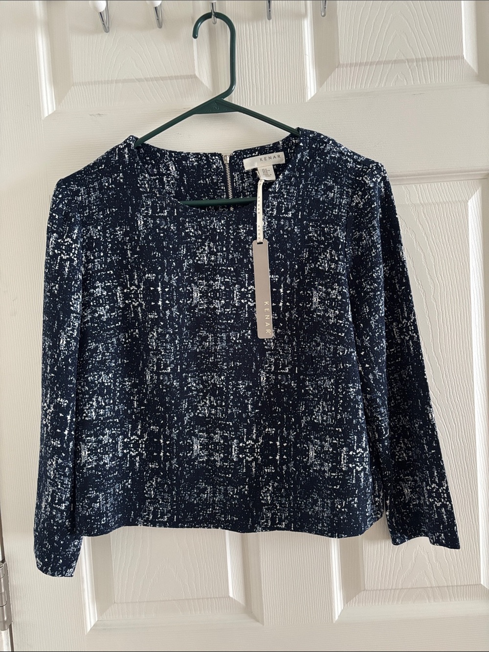 Kenar Navy and White Textured Long-Sleeve Top